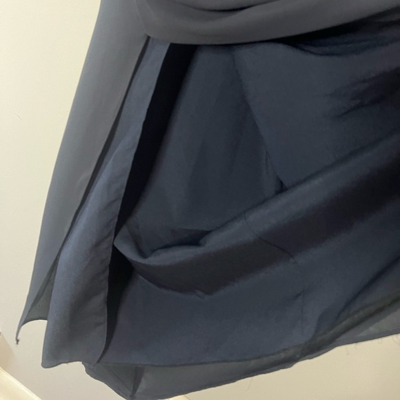 Halston Heritage Drape Back Cape Sleeve Ruffle Slit Navy Gown Maxi Dress 8 - Picture 8 of 13